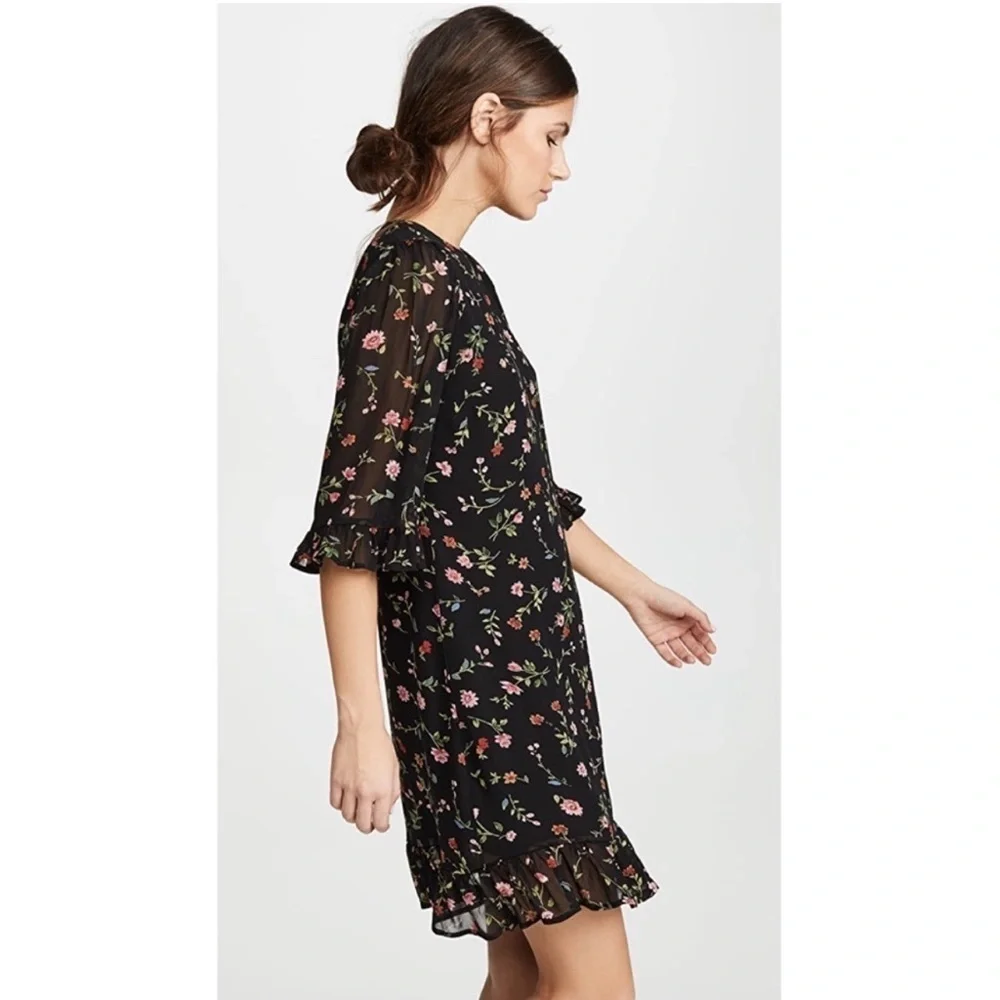 Ganni Elm Georgette Mini Dress 40 Floral Black Pink 8 Chiffon Wedding Garden - Picture 3 of 10